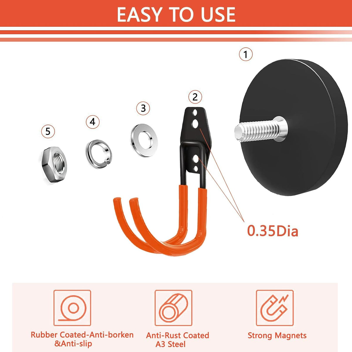 Large Heavy Duty Magnetic Garage Hooks,4 Pack Strong Magnet Hook for Power Drill,Garden Tools,Hose,Pegboard,Garage, Workshop,Magnetic Storage Hooks for Indoor Outdoor Hanging(Orange)