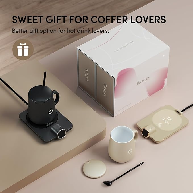 2Pcs Heated Coffee Mug Warmer & Mug Set - Heated Mug Warmer Plate with Auto Shut Off, 1°F Precise Electric Coffee Warmer Plate for Desk, Cool Valentine's Day Gift for Couple Women and Men