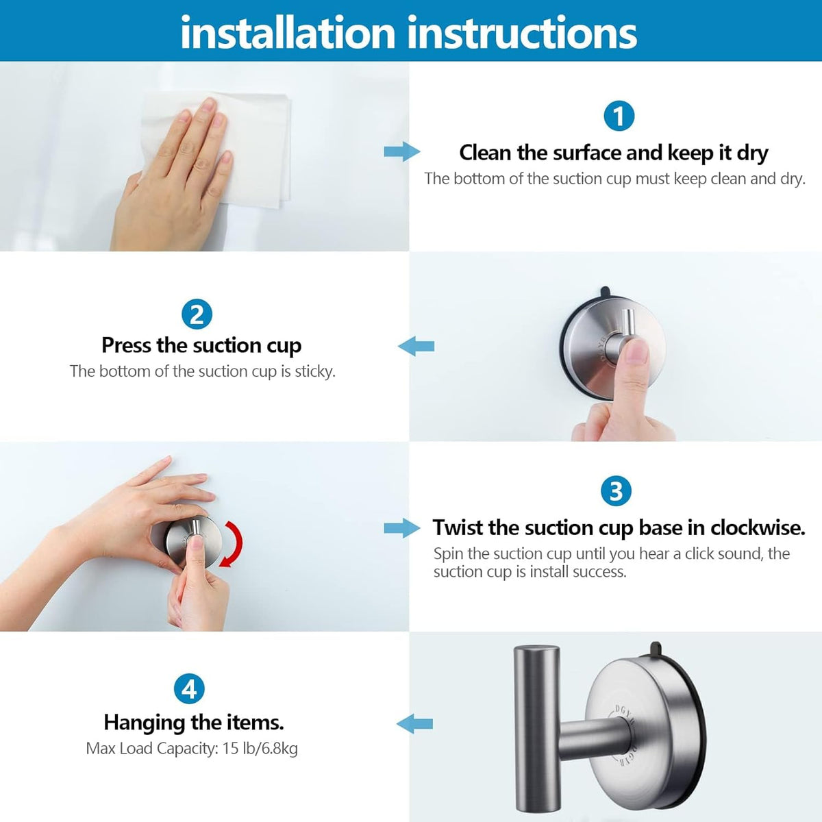 DGYB Large Suction Cup Hooks for Shower Set of 2 Brushed Nickel Towel Hooks for Bathrooms 11 Lbs Wall Hook for Hanging Coat, Robes, Loofah