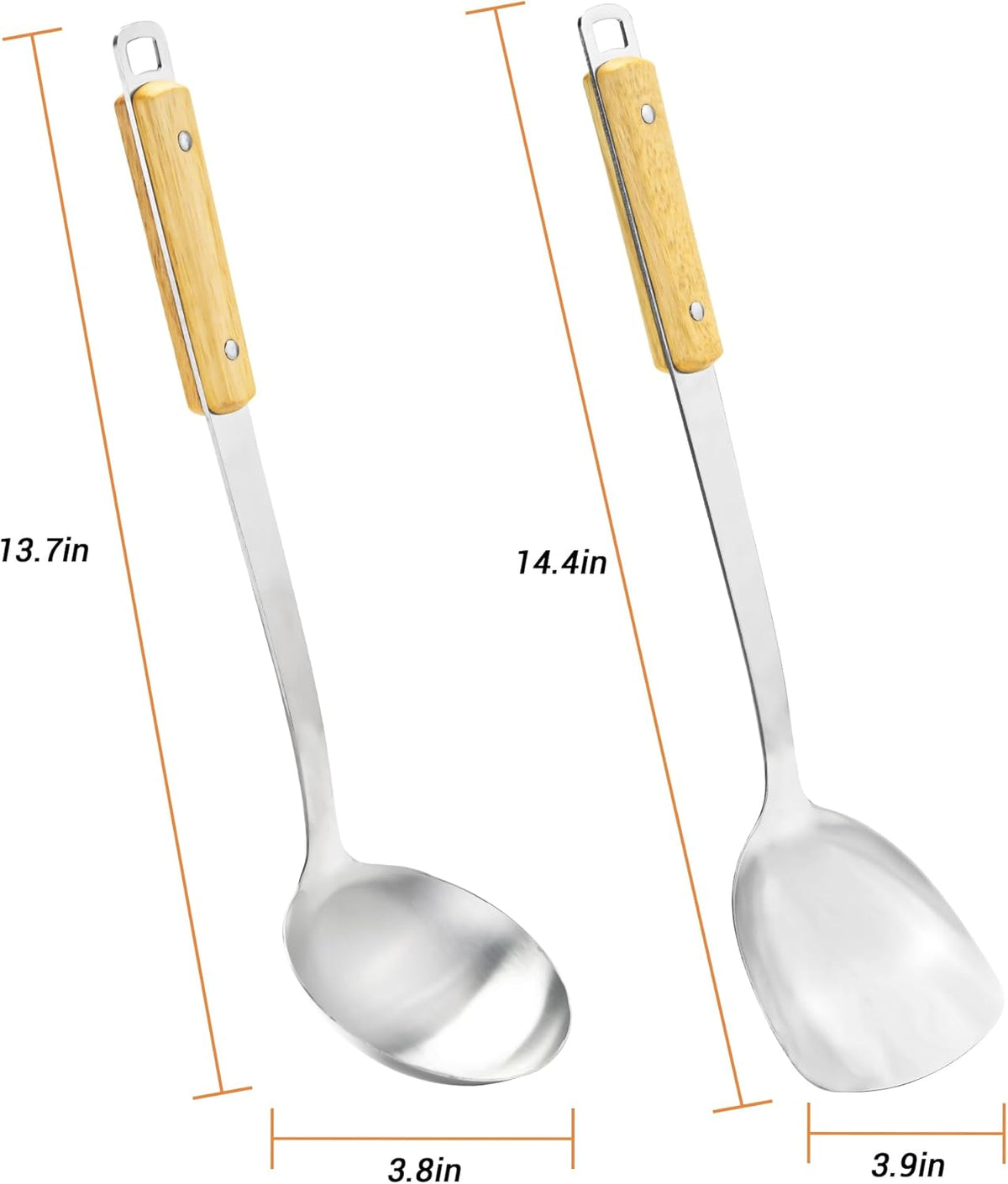 FJNATINH Spatula and Ladle - Set of 2 Wok Tools - Universal Wok Ladle and Spatula - Stainless Steel Cooking Utensils and Wok Accessories,14"-15"