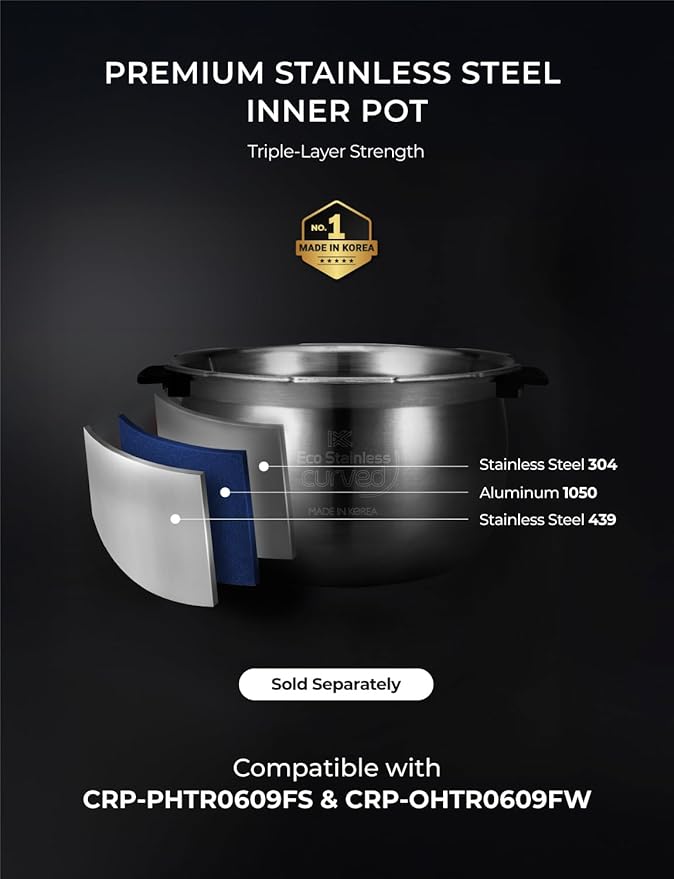 CUCKOO Twin Pressure Rice Cooker 6-Cup Uncooked / 12-Cup Cooked with Induction Heating Technology, Silent Pressure System, Open Cooking Mode, Dynamic Display, Eco Inner Pot, Gray (CRP-PHTR0609FS)
