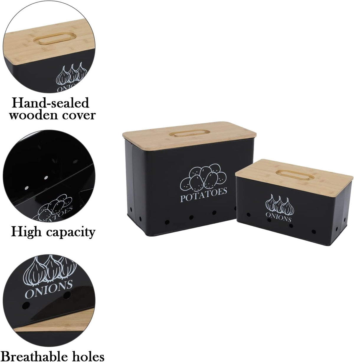 Potato Onion Storage Box, Food Container Sets, Storage Canisters for Vegeatables, Set of 2 Jars Pots Containers, Potato & Onion Bin with Aerating Tin Storage Holes & Bamboo Lid-Black