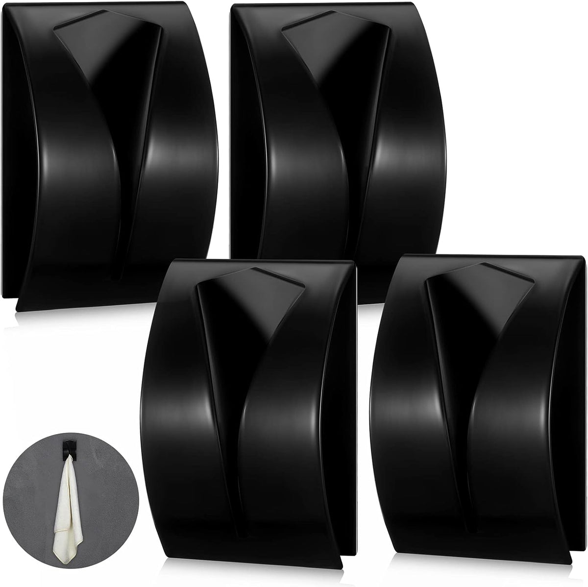 Boao 4 Pcs Self Adhesive Towel Hook Holder Grabber Stainless Steel Kitchen Dish Towel Hook Wall Mount Non Drilling Hangers Rack Hand Tea Holders for Bathroom Accesories Kitchen Gadgets (Black)