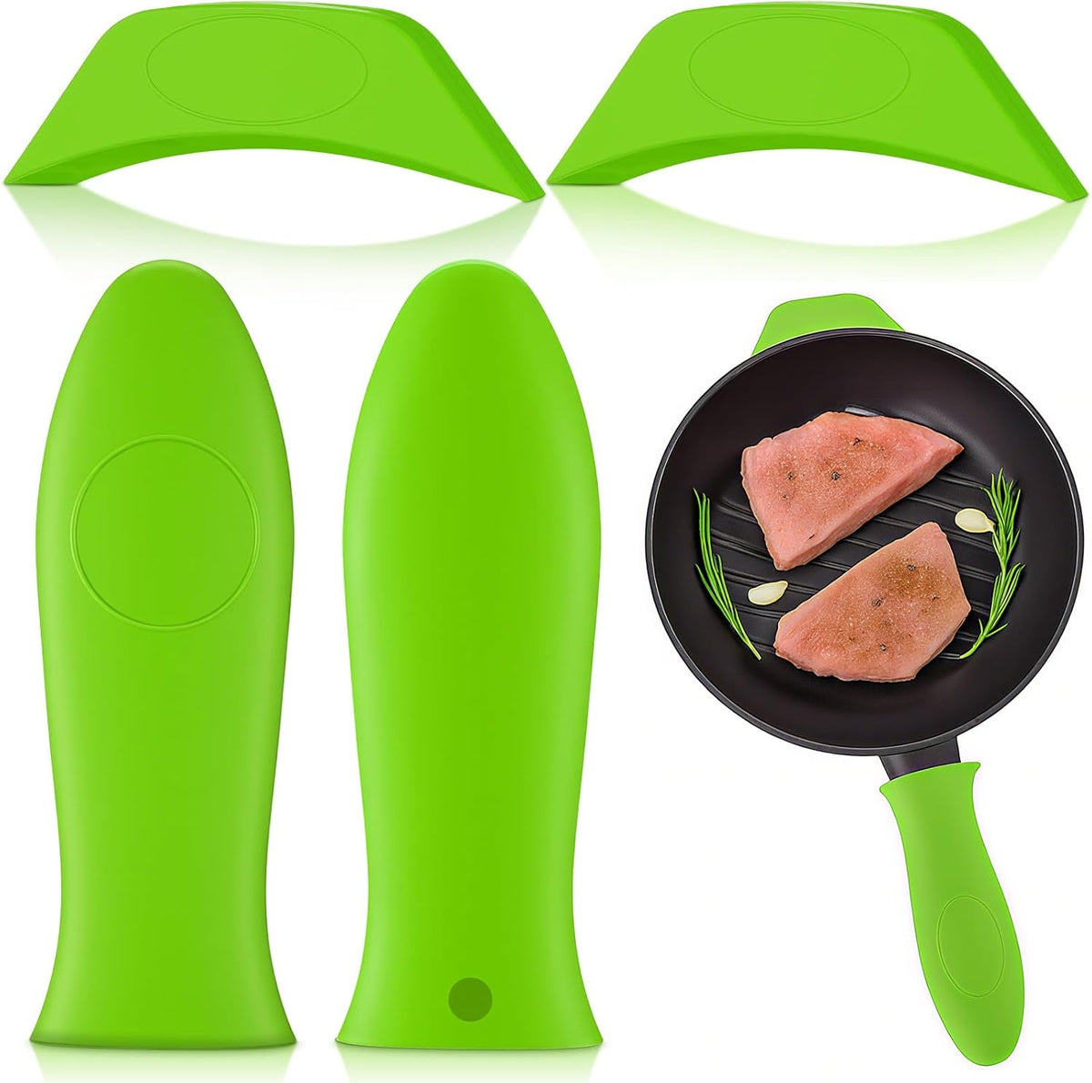Domensi 4 Pcs Silicone Hot Handle Holder Set Cast Iron Skillet Handle Covers Heat Resistant Silicone Assist Handle Holder for Frying Pans Cast Iron Skillet Griddles Cookware(Green)