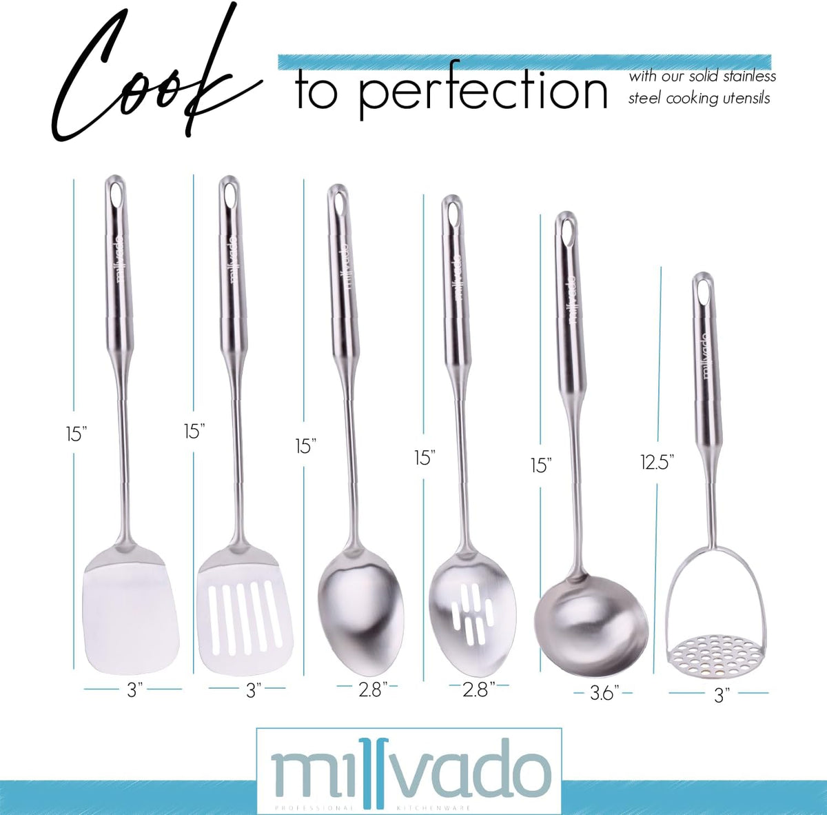 Stainless Steel Kitchen Utensil Set, Cooking Utensils, Set of 6 Kitchen Tools, Solid Spoon, Slotted Spoon, Solid Turner, Slotted Turner, Soup Ladle, Potato Masher, Dishwasher Safe