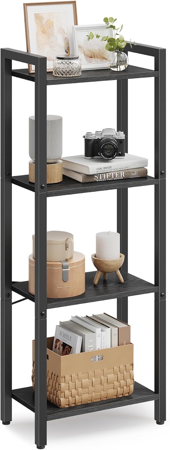VASAGLE 4-Tier Bookshelf, Bookcase with Steel Frame, Book Shelf for Living Room, Home Office, Study, 9.4 x 15.7 x 42 Inches, Industrial Style, Ebony Black and Ink Black ULLS099B56