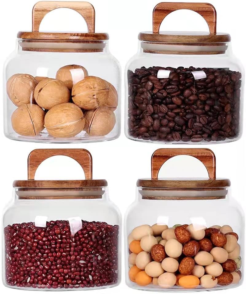 SAIOOL Glass Jars with Airtight Lid [Set of 4],Kitchen Canisters, Borosilicate Storage Containers,Retro Design, jars for Candy,Cookie,Rice,Sugar,Flour, Flour,Pasta,Nuts and Spice Jars