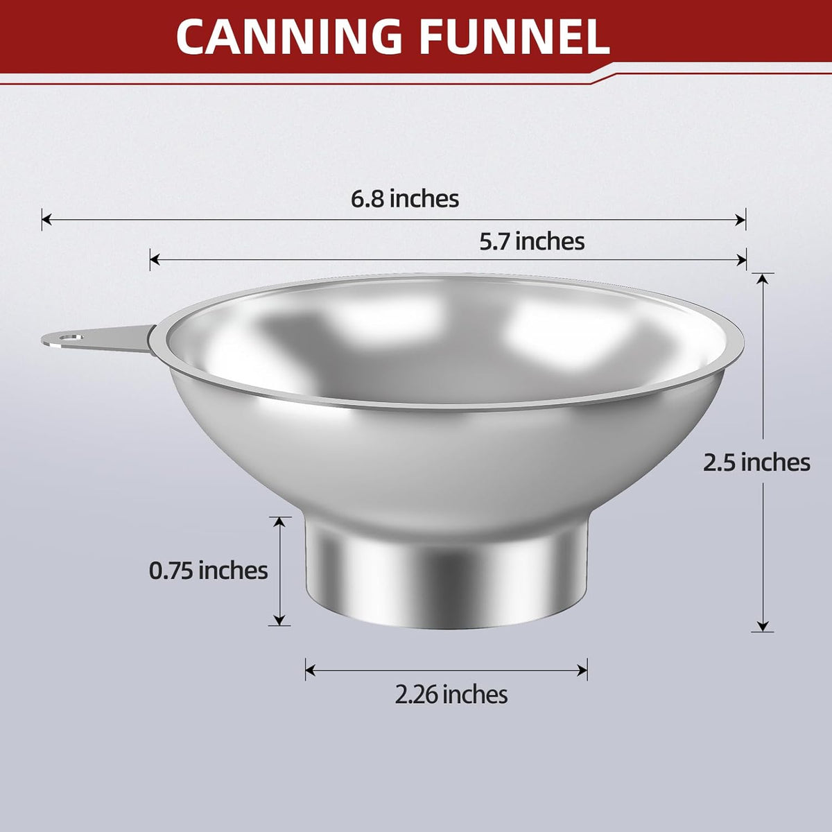 Stainless Steel Metal Canning Funnel with Removable Strainer, for Jams, Pickles and Home Preserving, Dishwasher Safe Kitchen Tool (2.26 Inch Standard Bore for Standard Mouth Mason Jars).