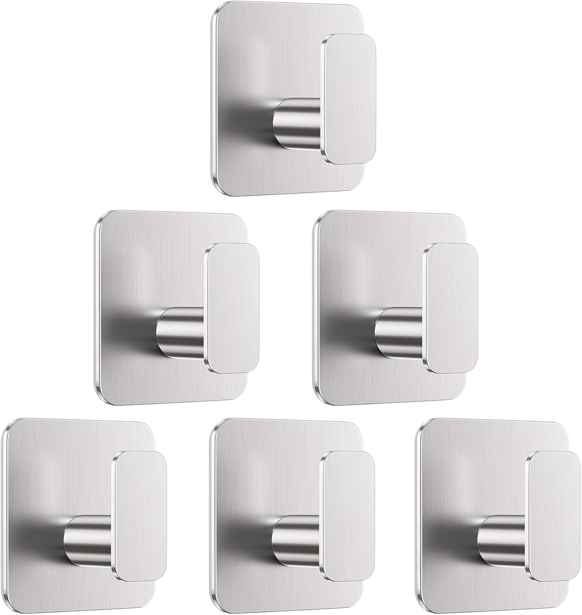Silver Hooks for Hanging Heavy Duty, Adhesive Hooks for Shower, Bathroom, Kitchen, Robe, Towel, Coat, Waterproof & Rustproof Hook for Walls No Damage, Stainless Steel Sticky Hook - 6 Pack