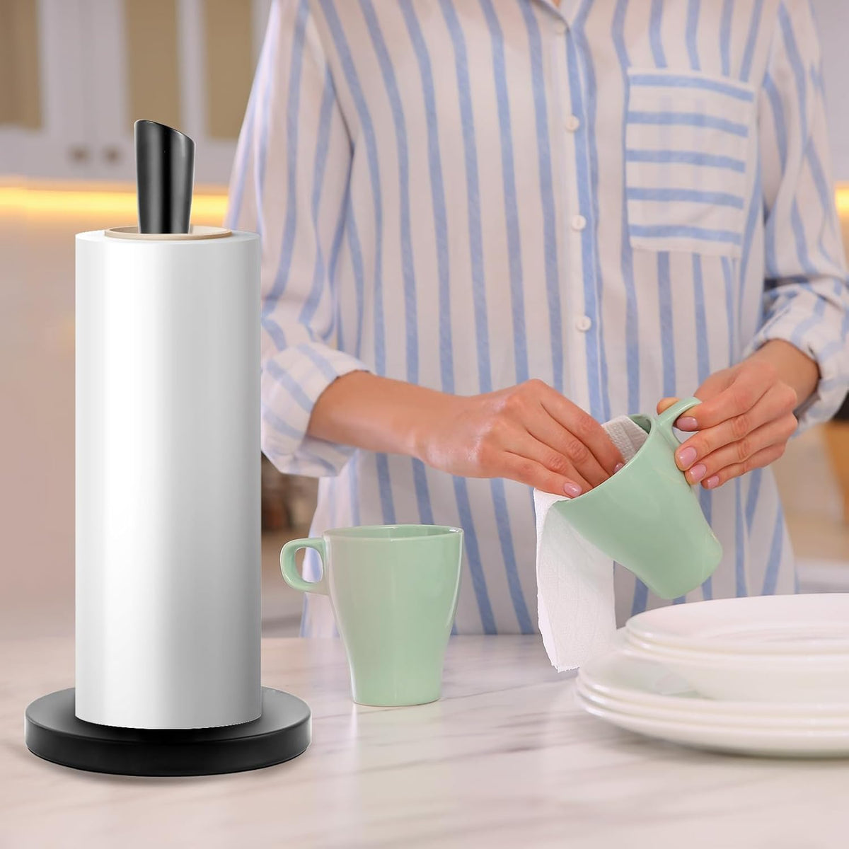 JOGREFUL Paper Towel Holder Stand, Stainless Steel Kitchen Paper Towel Countertop Stand with Streamline Body, Bathroom Organization for Family Standard Large Size Roll Paper, Black
