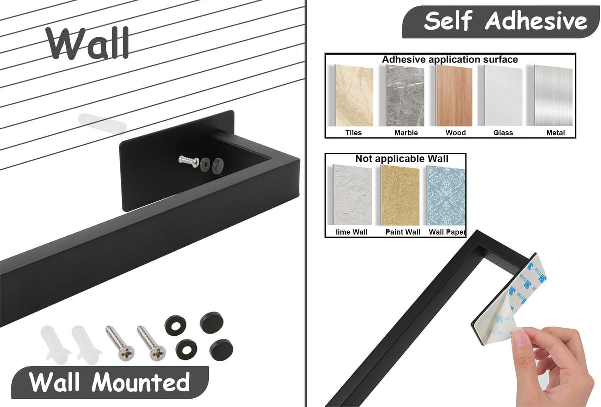 Bathroom Towel Bar Self Adhesive, No Drilling Towel Rack Easy to Install, Hand Towel Holder Made of Premium Stainless Steel Sticky on Hand Towel Hanger for Kitchen, Toilet.(24IN, Black)
