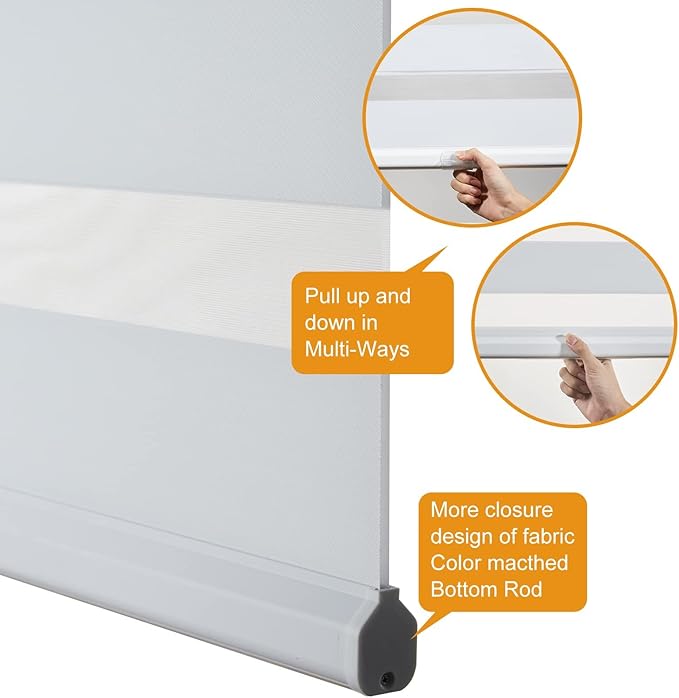 Persilux Cordless Zebra Blinds for Windows, Roller Shades for Windows (34.5" W x 64" H, White) Dual Layer Fabric for Day and Night,Room Darkening Shades for Home, Office, Bedroom and Living Room