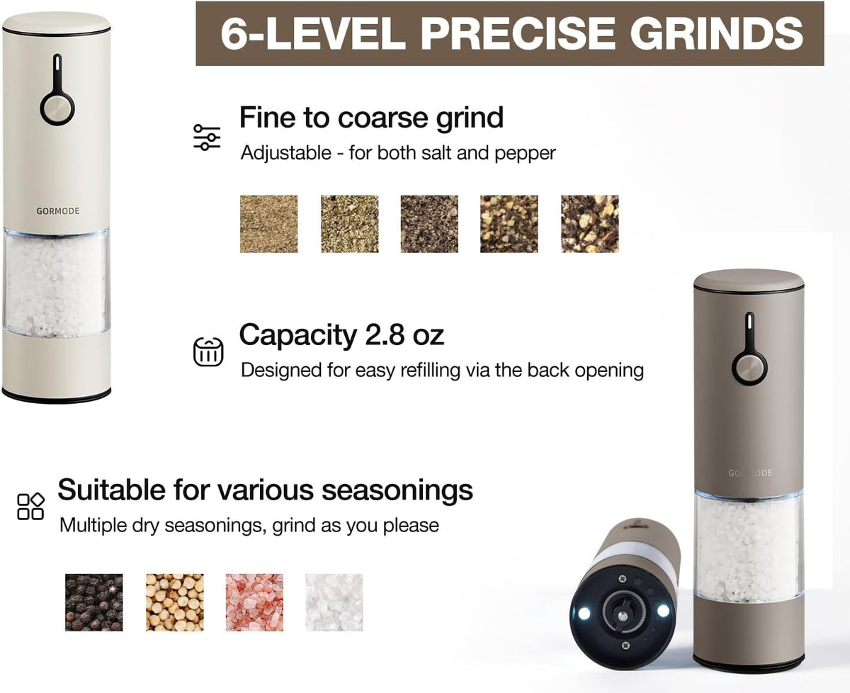 Stainless Steel Rechargeable Electric Salt and Pepper Grinder Set – USB Charging, One-Hand Electric Mill, Adjustable Coarseness, LED Light & Dust Cover – Brown + Cream