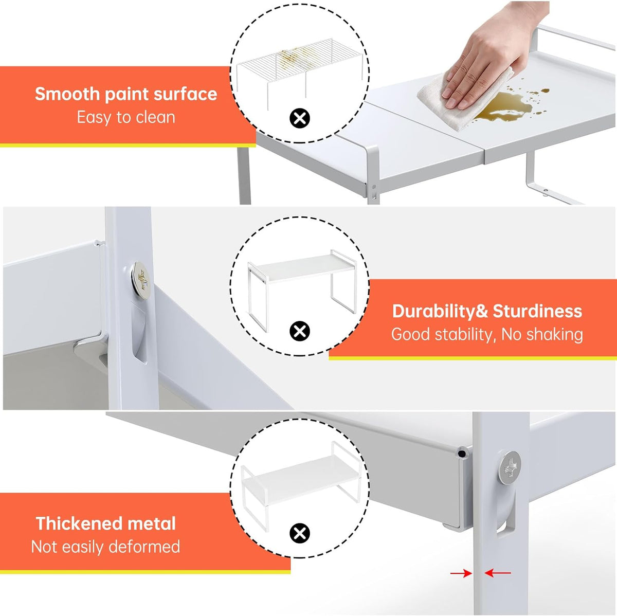 Adjustable Kitchen Shelf Organizer 9", (2 Pack) Heavy-Duty Cabinet Shelves for Countertop, Pantry & Microwave, Expandable Space-Saving Storage Rack with Non-Slip Pads, White