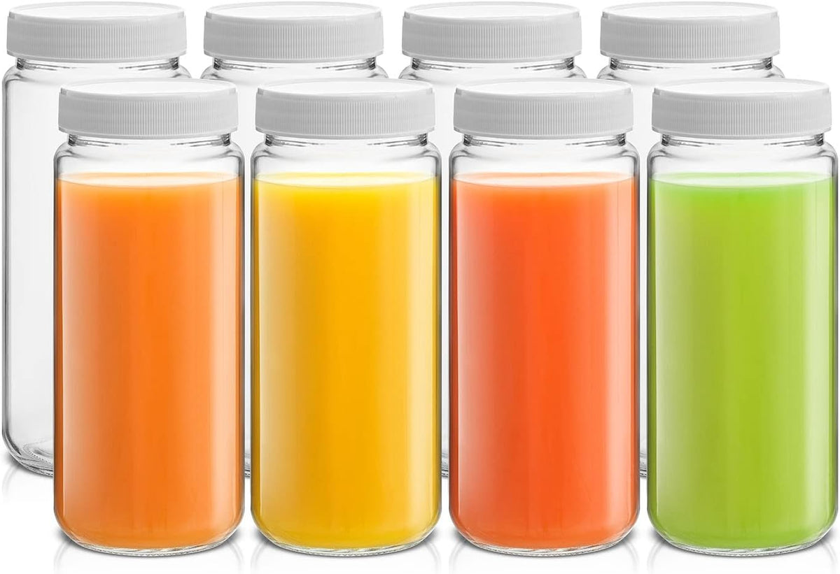 JoyJolt 16 oz Reusable Glass Bottles with Caps. Set of 8 Juicing Bottles With Lids and Juice Jars Labels. Glasses for Cold Brew, Smoothie