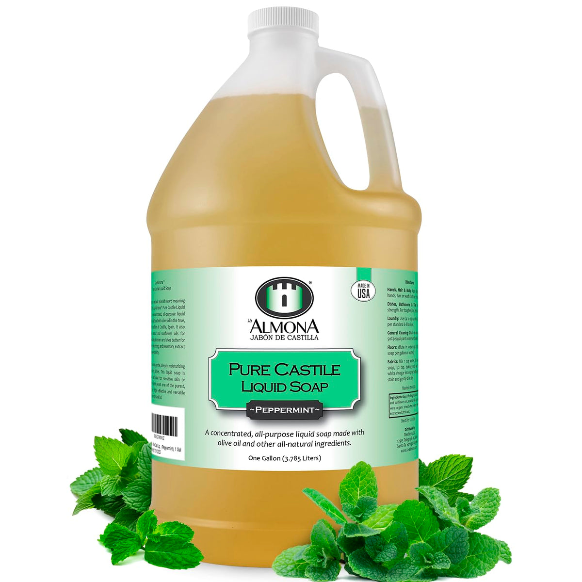 Pure Castile Liquid Soap, PEPPERMINT, 1 Gallon - Multipurpose: Hands, Face, Body, Laundry, Dishes & More - For Sensitive Skin, Natural Ingredients, Scented with Essential Oils