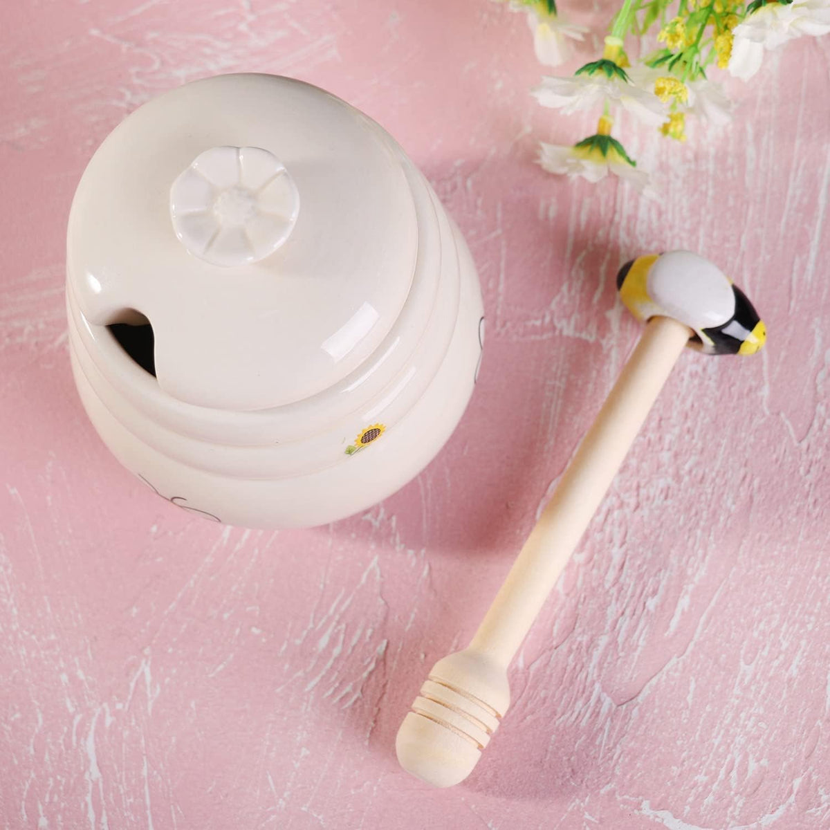 Ceramic Honey Jar with Wooden Honey Dipper-Honey Pot with Dipper- Honey Jar with Stand, Great Bee Decor- Farmhouse Kitchen Decoration (Honey Jar-Bee)