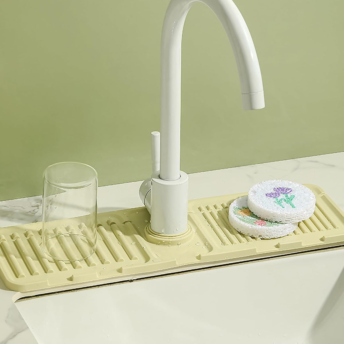 Faucet Mat for Kitchen Sink - 2024 Upgraded Premium Silicone Splash Guard with Fast Drying Properties - Protective Sink Tray Ideal for Stone Sinks in Kitchen & Bathroom (1, Green)
