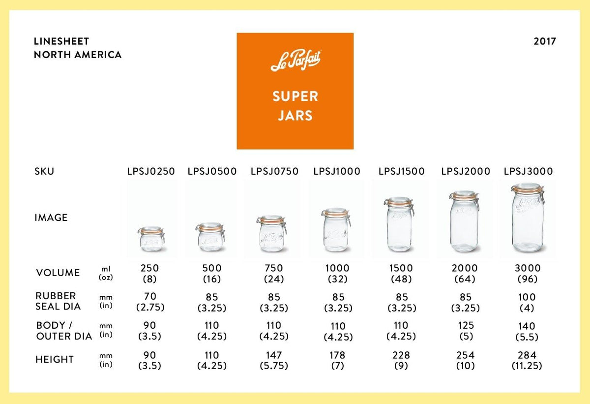 Le Parfait Super Jar, Canning Jars, 2L French Glass Canning Jar w/Round Body, Glass Jars w/Airtight Lid, Canning Jars Wide Mouth, Glass Jar With Lid, Clear Jar, Clear Glass Jars (64oz/2 Quarts, 3 pk)