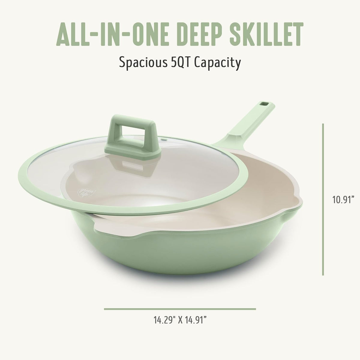 GreenLife Nonstick 12” (5QT) All in One Deep Skillet Wok with Lid, PFAS-Free Non-Toxic Ceramic Multi-Purpose Pan, Induction, All Stovetop, Egg, Stir Fry, Saute, Stay Cool Handle, Sage Green