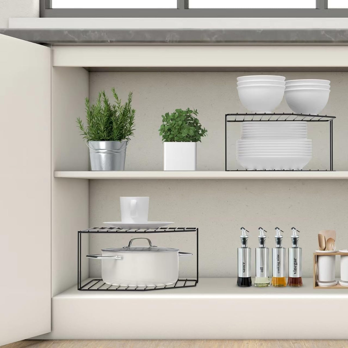 AKAZA 2-Tier Corner Stackable Organizer - Cabinet & Counter Shelf Rack, Storage Rack Organizer for Kitchen (Black)
