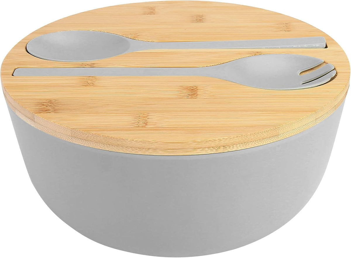 Large Salad Bowl with Lid, Bamboo Fiber Salad Serving Bowl Set with Utensils, 9.8inches Mixing Bowl with Servers, Solid Bamboo Wooden Bowl for Salad, Fruits, Vegetables and Pasta(Gray)