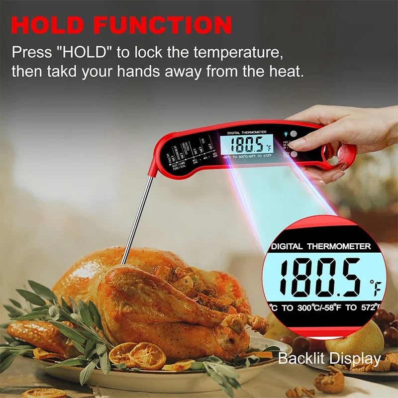 Digital Meat Thermometer | Instant Read, Waterproof | Magnetic Probe, Backlit Display | for Grill, BBQ, Cooking, Steak, Chicken, Burgers