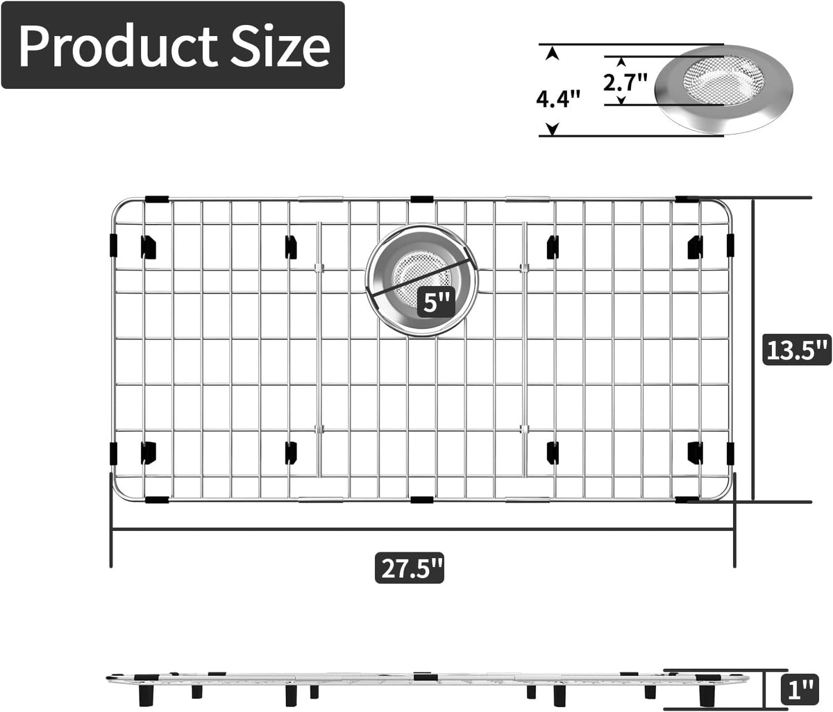 27.5’’ x 13.5’’ Stainless Steel Sink Protector, Sink Protectors for Kitchen Sink, Sink Grid, Sink Grate for Bottom with Rear Drain, Metal Sink Rack for Bottom of Sink with Corner Radius