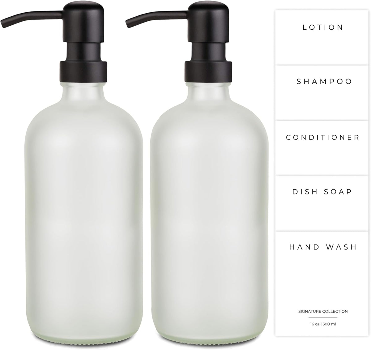 Emerson Essentials Glass Soap Bottle Dispensers, 2 Pack, Stainless-Steel Pumps Rust-Free, Hand Set for Bathroom Kitchen Sink, Liquid Lotion Shampoo Jars with 4 Waterproof Labels, 16 Oz Frost/Black