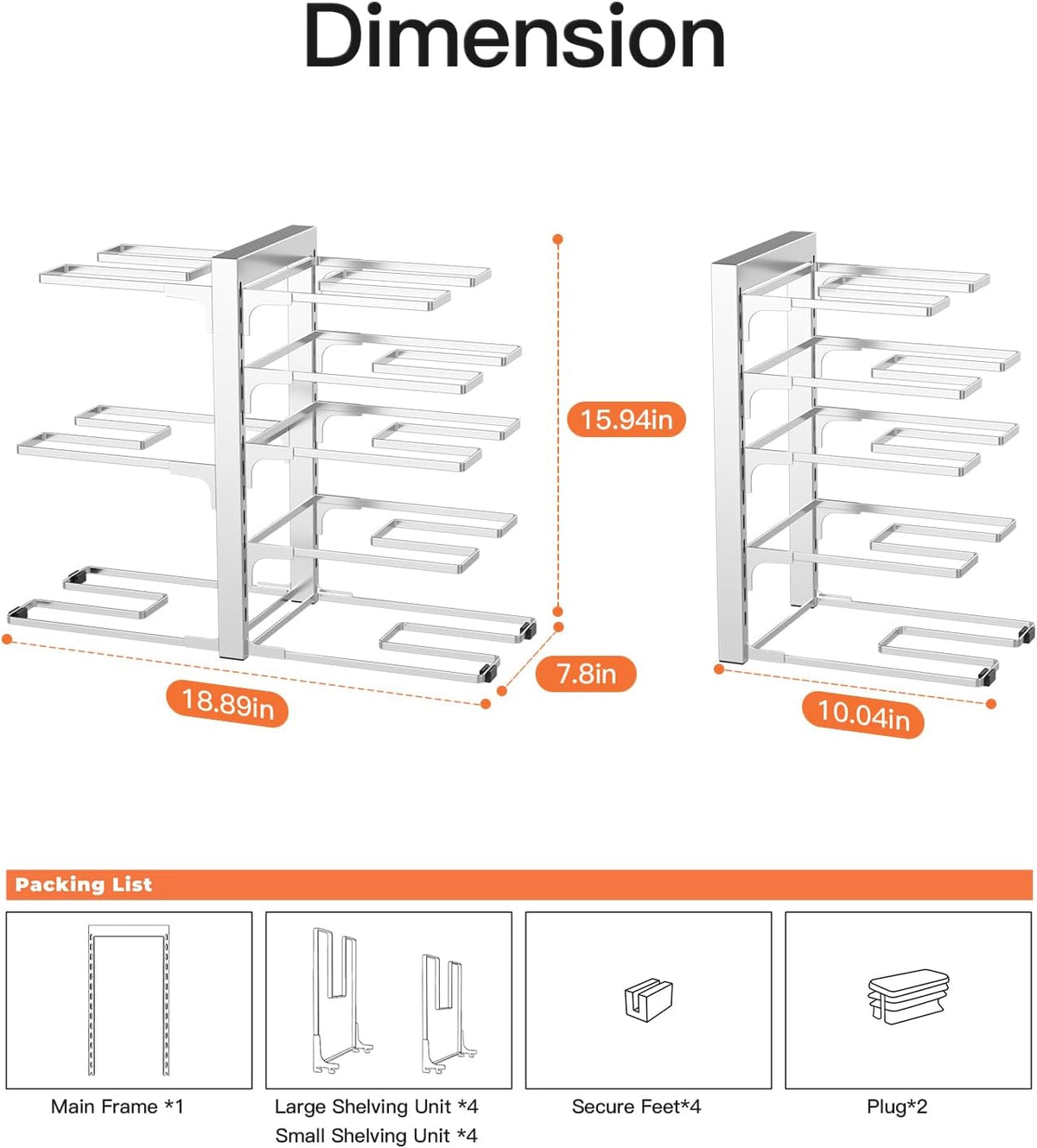 ORDORA 8-Tier Pots and Pans Organizer under Cabinet, Kitchen Cabinet Organizers and Storage, Heavy Duty 120LBS Pots and Pan Storage Rack Organizer inside Cabinet, Adjustable, Silver