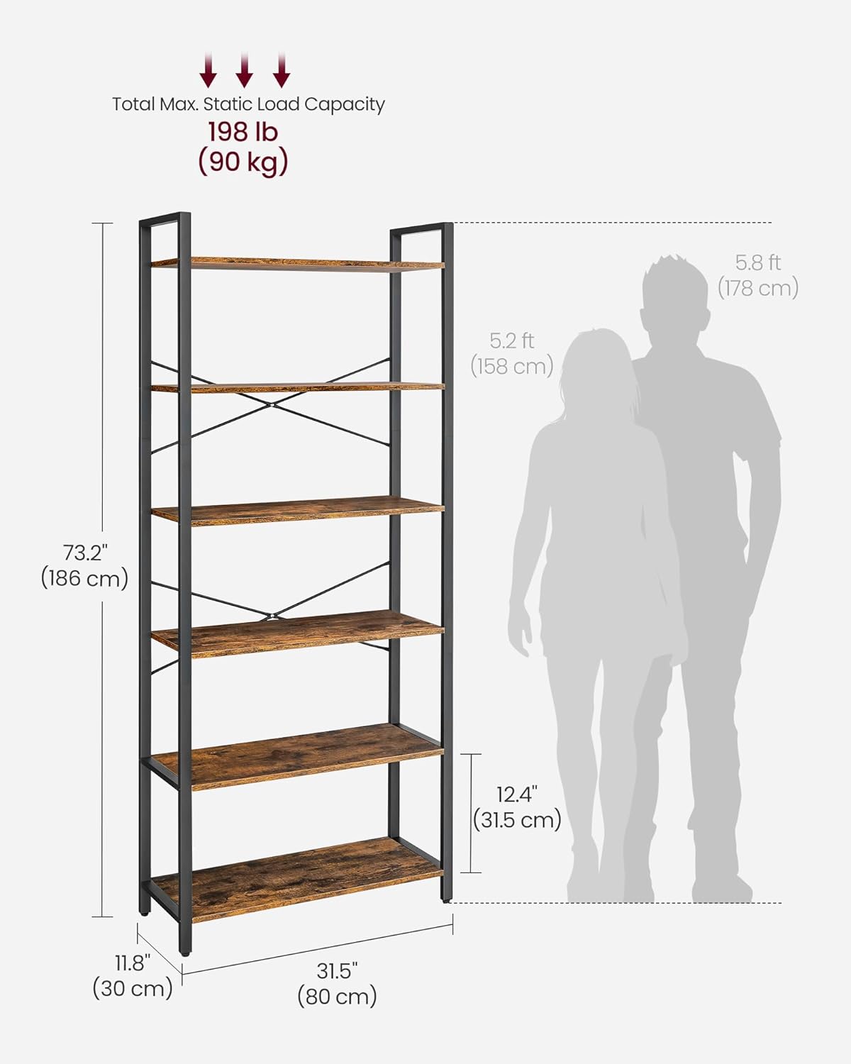 VASAGLE 6-Tier Bookshelf, Bookcase with Steel Frame, Book Shelf for Living Room, Home Office, Study, 11.8 x 31.5 x 73.2 Inches, Industrial Style, Rustic Brown and Ink Black ULLS082B01