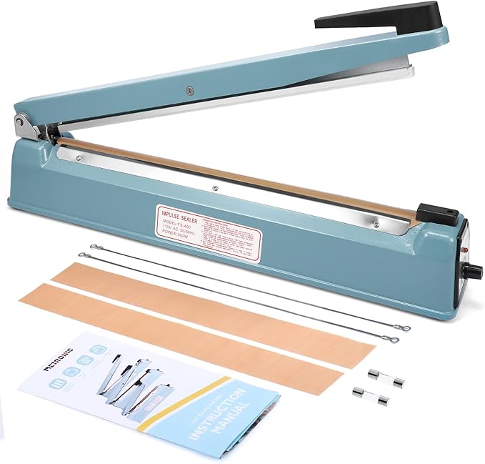 METRONIC Impulse Sealer 16 inch, Manual Heat Sealer Machine for Plastic Bags, Shrink Wrap Bag Sealers Heavy Duty Sealing Machine With Repair Kit (Blue)
