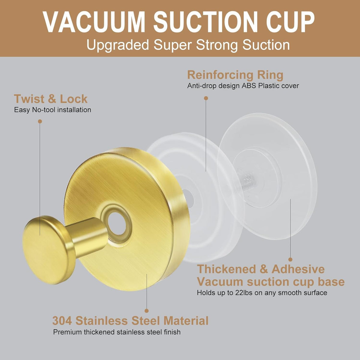 ZESLMG Suction Cup Hooks for Shower Wall, Door Wreaths, Removable Inside Shower Towel Hooks for Bathroom Window Glass Kitchen- Bath Robe Loofah Suction Hooks for Hanging More Surfaces (Gold, 2 Pack)