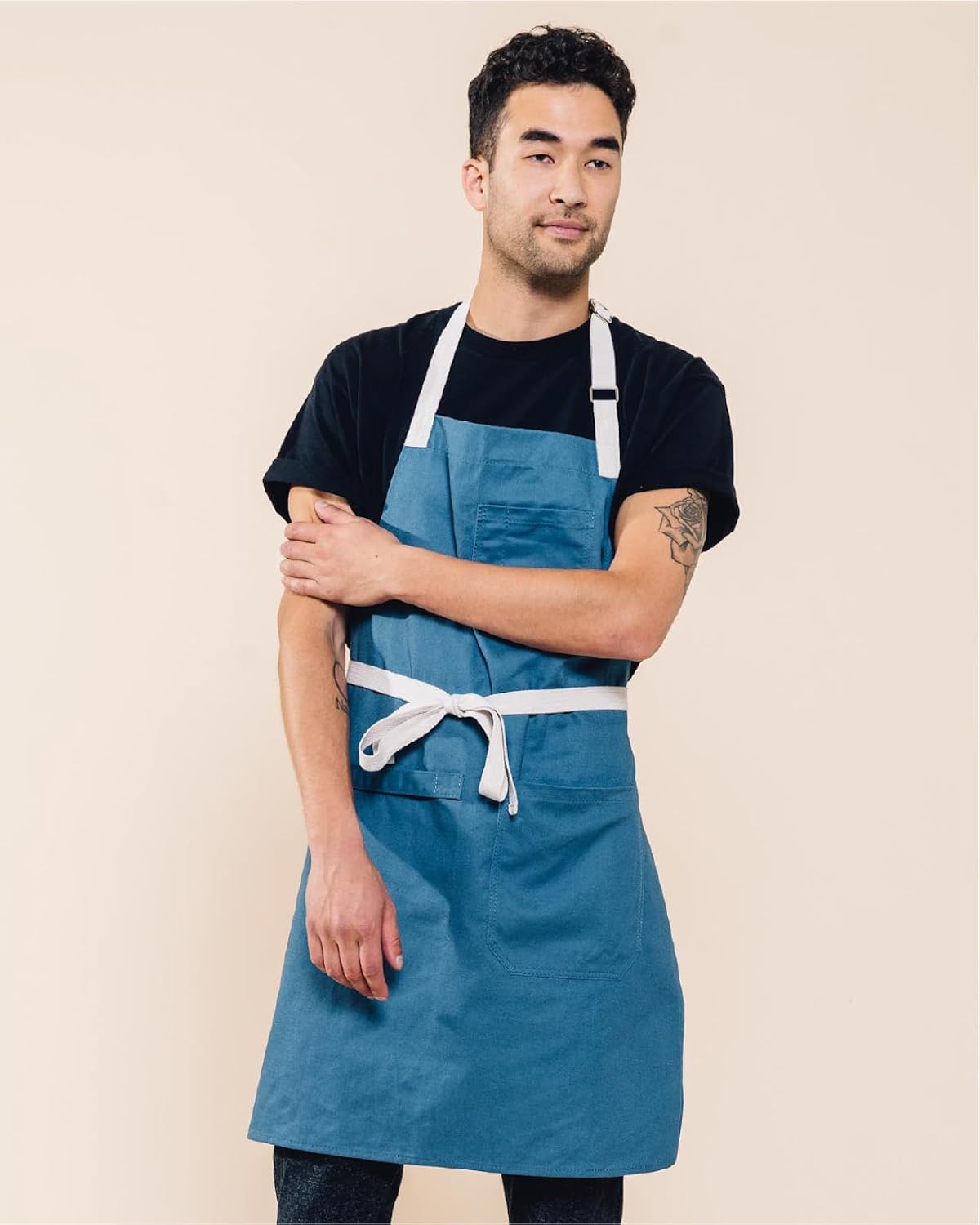 Caldo Daily Cotton Kitchen Apron for Cooking - Mens and Womens Professional Chef or Server Bib Apron - Adjustable Straps with Pockets and Towel Loop (Vintage Blue)