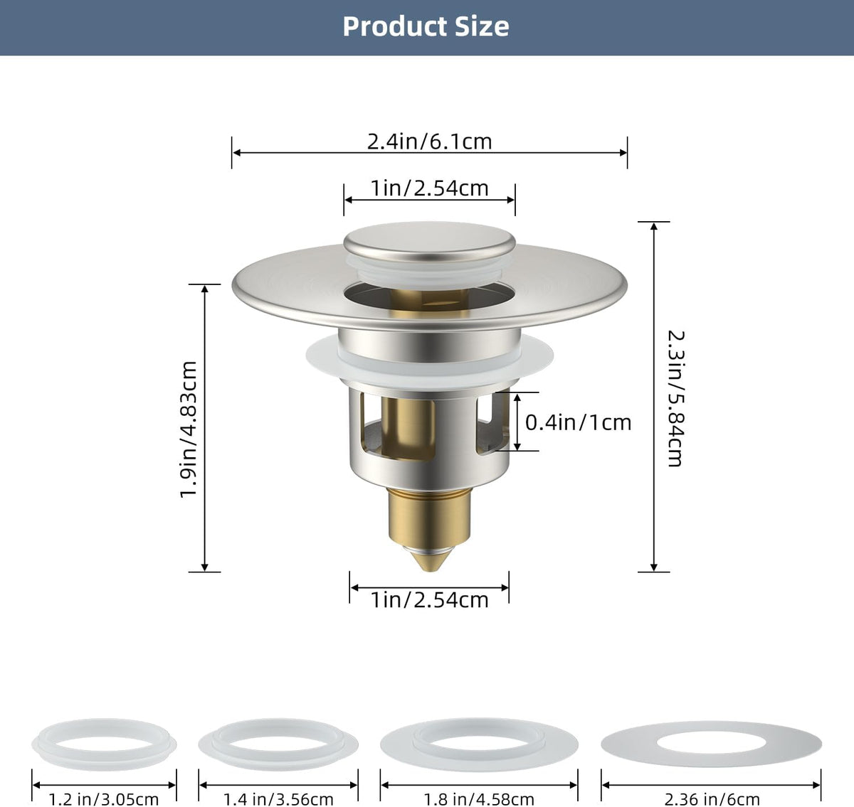 Hibbent 2 Pack All Metal Universal Bathroom Sink Stopper for 1.1''~2.3'' Basin, Pop Up Sink Drain Strainer, Brass Core Push Type Stopper, Stainless Steel Anti Clogging Drain Filter, Brushed Nickel