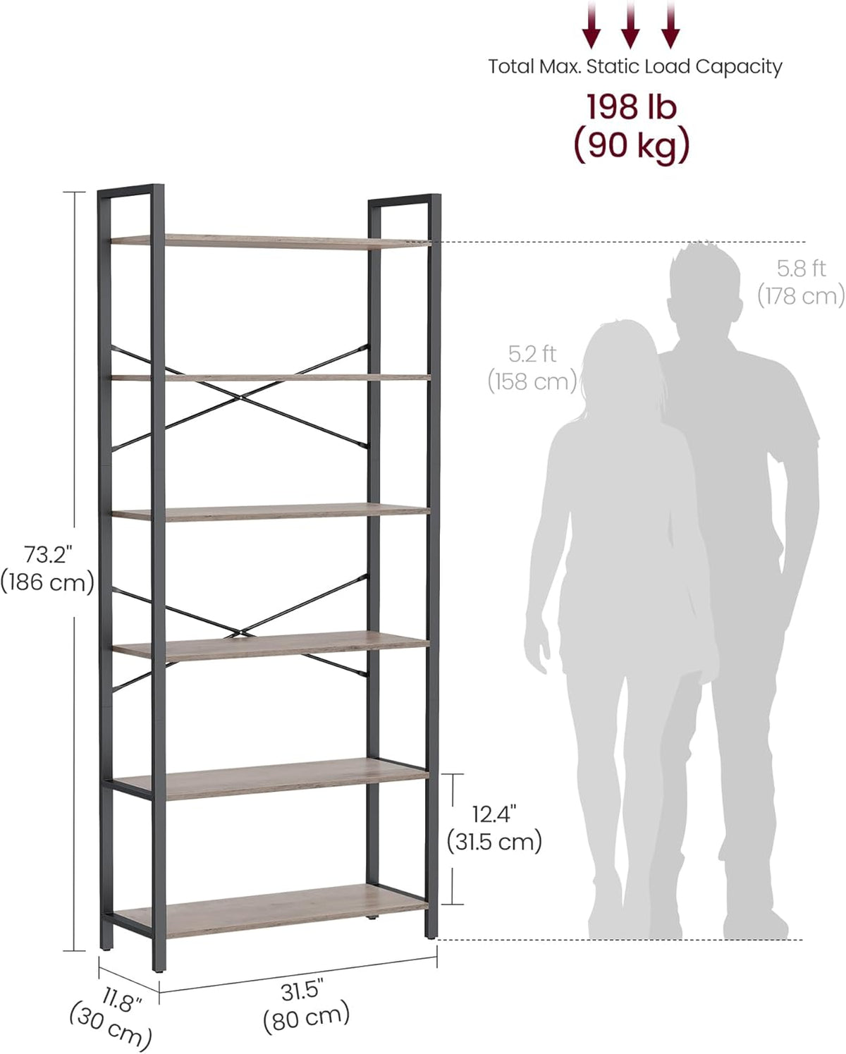 VASAGLE 6-Tier Bookshelf, Bookcase with Steel Frame, Book Shelf for Living Room, Home Office, Study, 11.8 x 31.5 x 73.2 Inches, Industrial Style, Heather Greige and Ink Black ULLS082B02