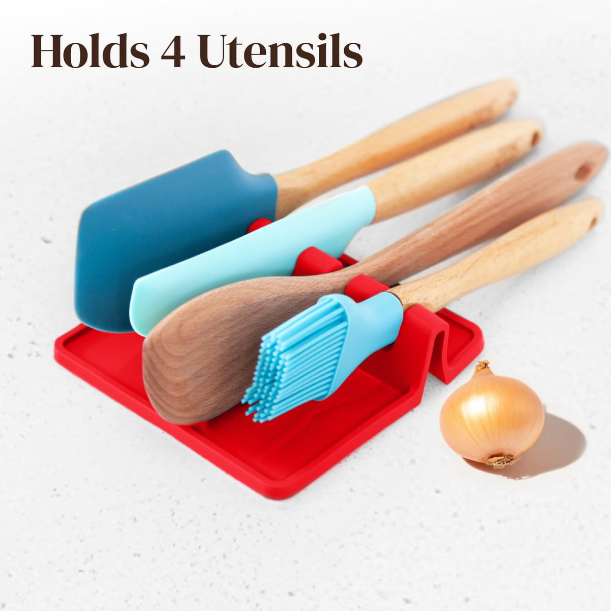 Red Silicone Spoon Rest for Stove Top with Drip Pad (Two Pack) - Heat-Resistant, BPA-Free Utensil Rest & Spoon Holder for Kitchen Counter - Grill Utensil Holder for Spatulas, Tongs, Ladles