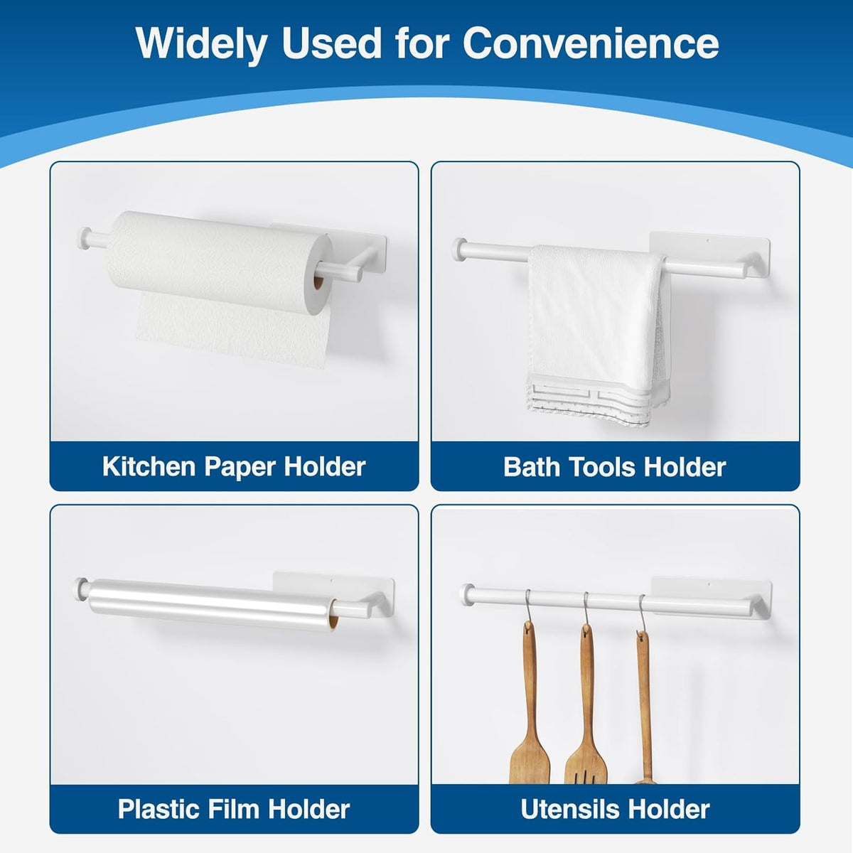 Paper Towel Holder - Self-Adhesive or Drilling, White, Wall Mounted, SUS304 Stainless Steel Kitchen Roll Dispenser Under Cabinet