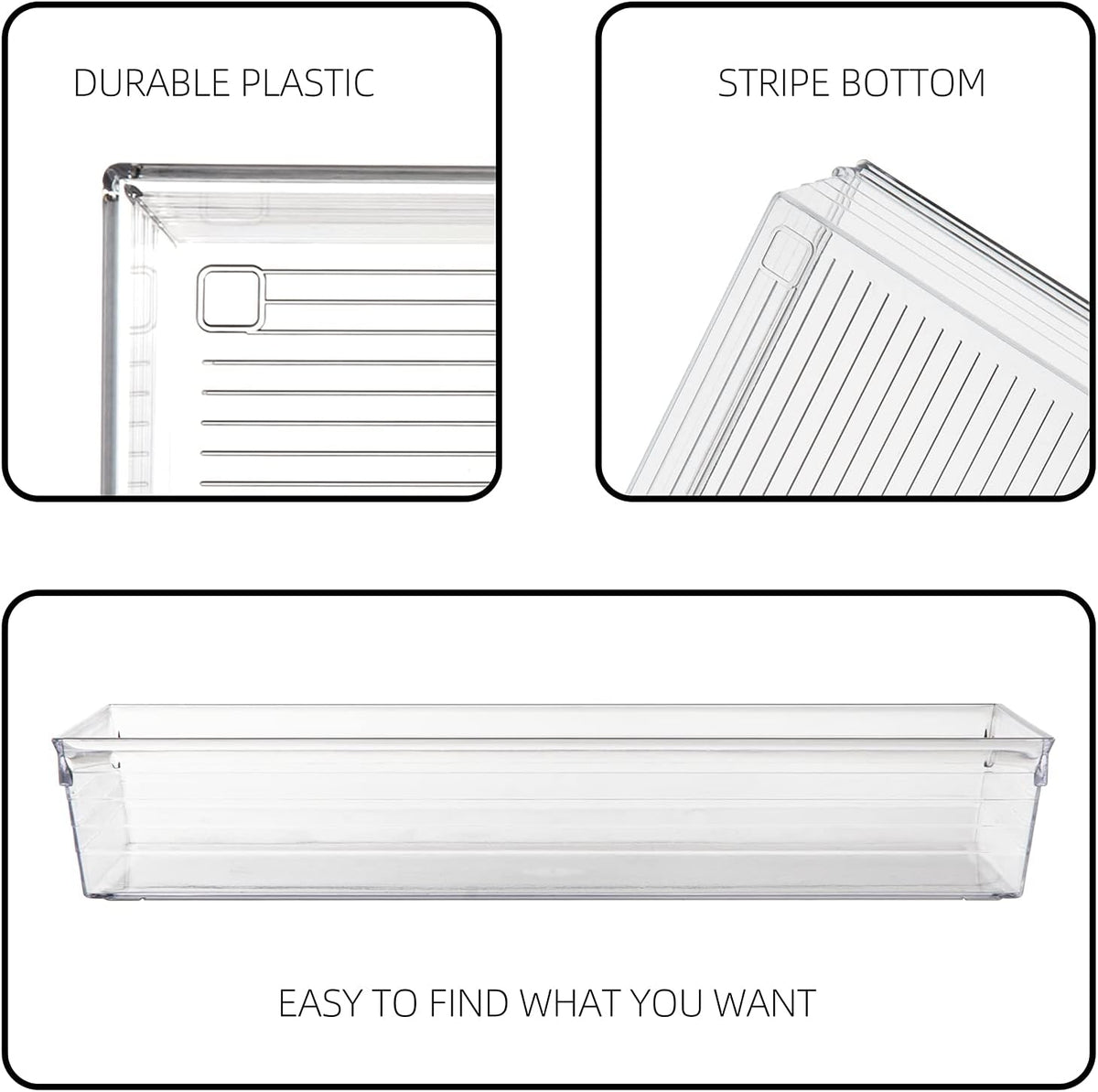 Backerysupply 4 Pack Storage Bins For Bathroom Cosmetic Makeup Vanity Clear Plastic Desk Drawer Organizers Tray Kitchen Utensils Silverware Dividers 15"x6"x2"