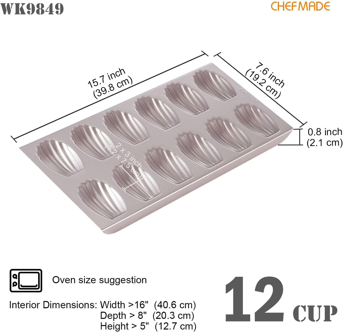 CHEFMADE Madeleine Mold Cake Pan, 12-Cavity Non-Stick Oval Shell Madeline Bakeware for Oven Baking (Champagne Gold)