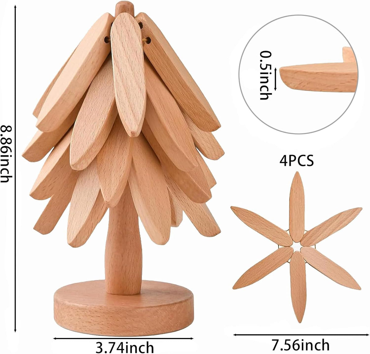 Premium Wooden Trivets Set of 4，Natural Wood Heat Resistant Coasters for Hot Pots, Pans, and Dishes - Eco-Friendly Kitchen Accessories for Dining Table, Countertop, and Stovetop Protection