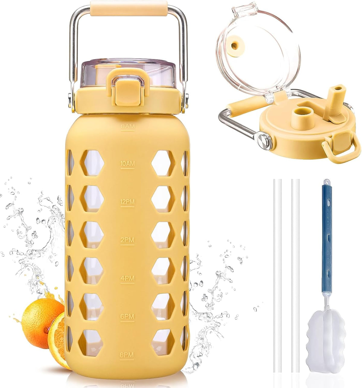MUKOKO 64oz Glass Water Bottles with Straw and Lid,Half Gallon Water Bottle with Time Marker,Large Glass Water Jug with Silicone Sleeve and Stainless Steel Handle-Yellow