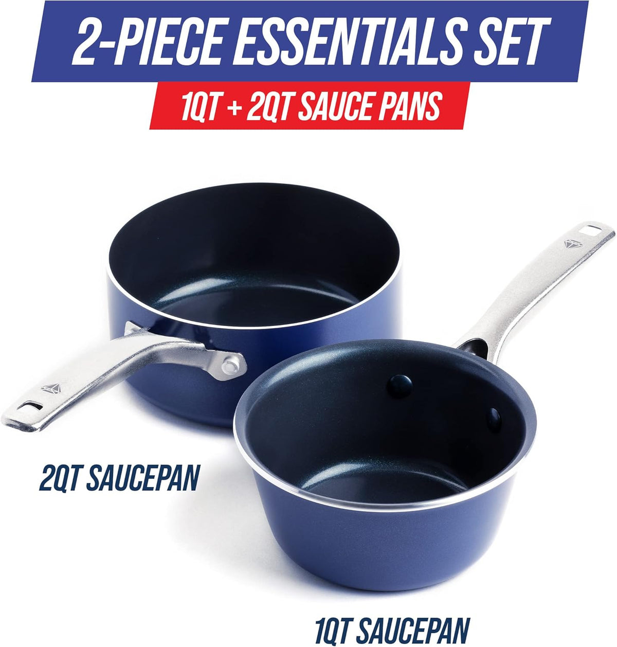 Blue Diamond Cookware 1QT and 2QT Saucepan Set, Diamond Infused Ceramic Nonstick, PFAS and PFOA-Free, Dishwasher Safe, Oven Safe, Durable, Versatile, Easy Clean, Even Heating, Blue