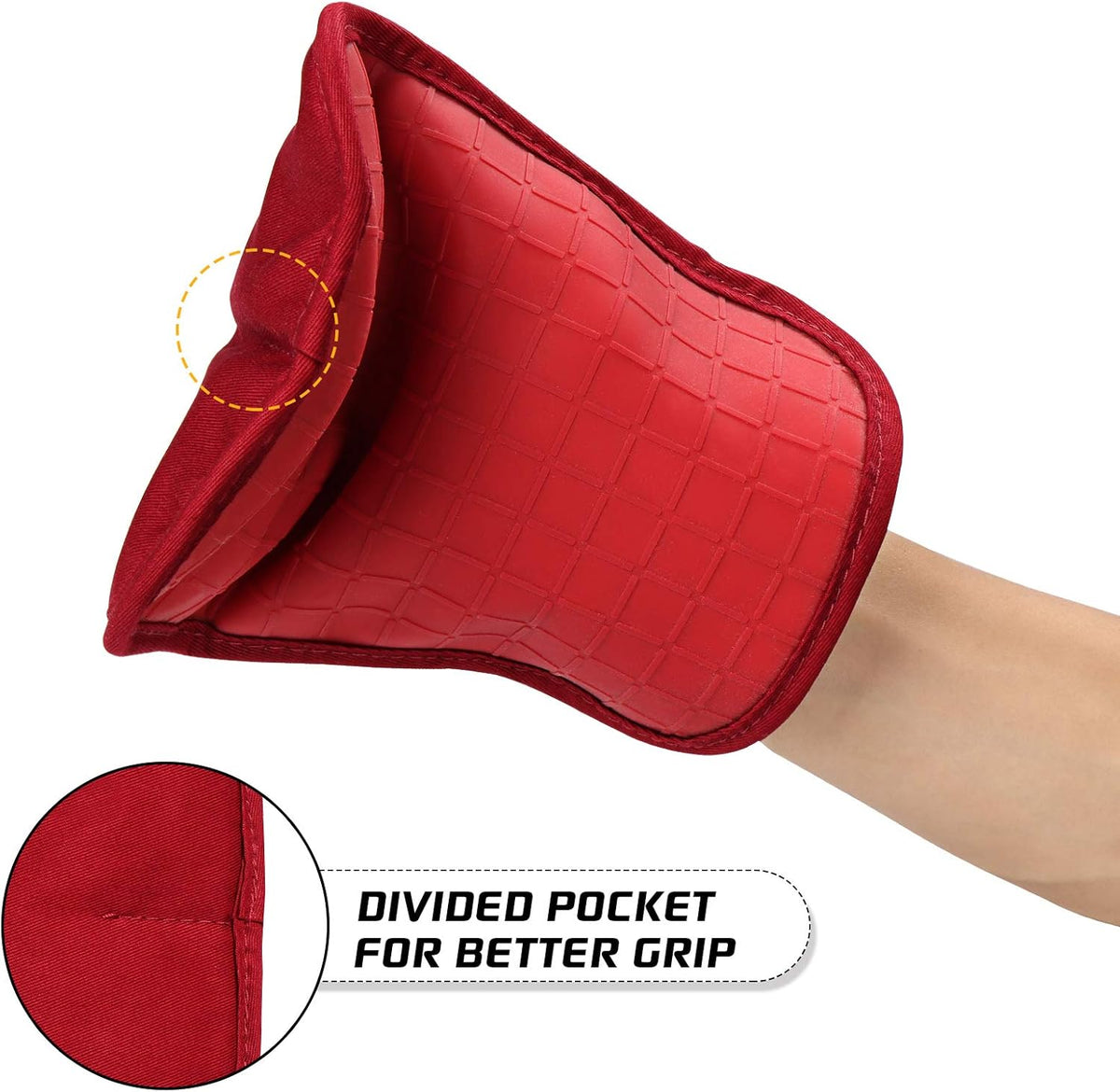 HOMWE Silicone Kitchen Pot Holders, 2 Pc Set Trivets, Steam and Heat Resistant Hand and Countertop Protection Hot Pads, Non-Slip Grip, Terrycloth Interior Lining, Red