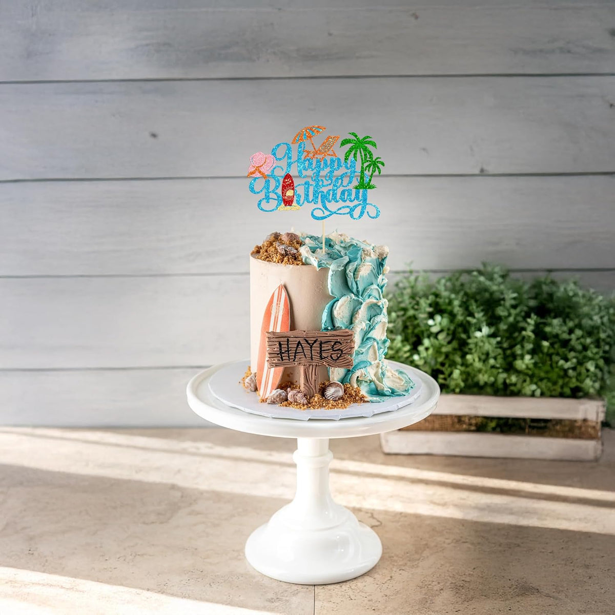 Gyufise 1Pcs Summer Beach Happy Birthday Cake Topper Glitter Ball Tree Umbrella Pool Cake Pick for Hawaiian Holiday Baby Shower Birthday Party Cake Decorations Supplies Blue