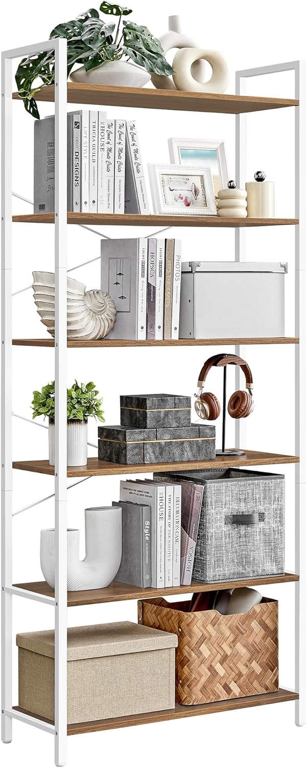 VASAGLE 6-Tier Bookshelf, Bookcase with Steel Frame, Book Shelf for Living Room, Home Office, Study, 11.8 x 31.5 x 73.2 Inches, Industrial Style, Honey Brown and Cloud White ULLS082K01