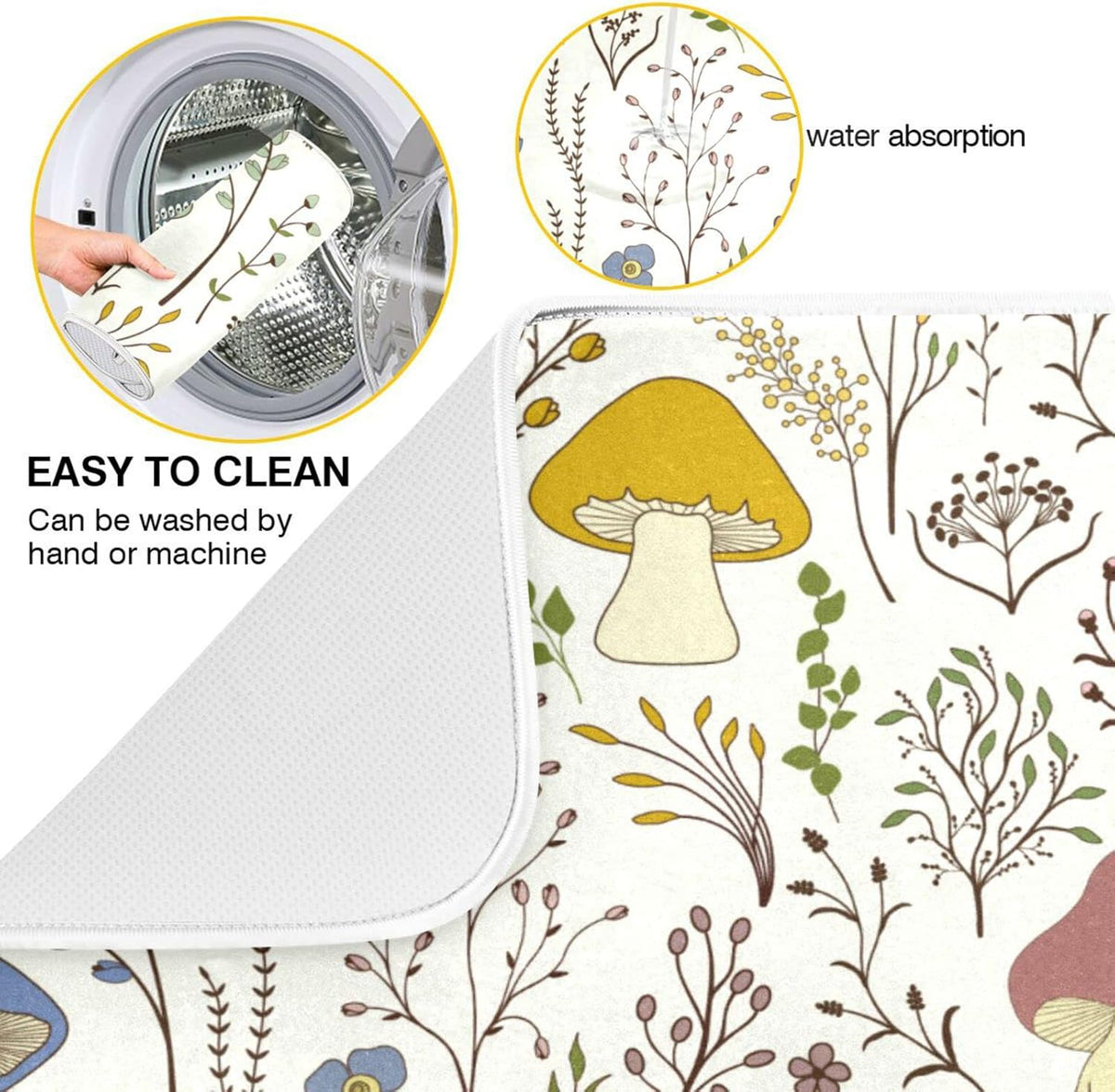 Cute Mushroom Wild Plant Dish Drying Mat for Kitchen Counter Absorbent Microfiber Drying Pad, Medium 16x18 in, Reversible Drainer Mats