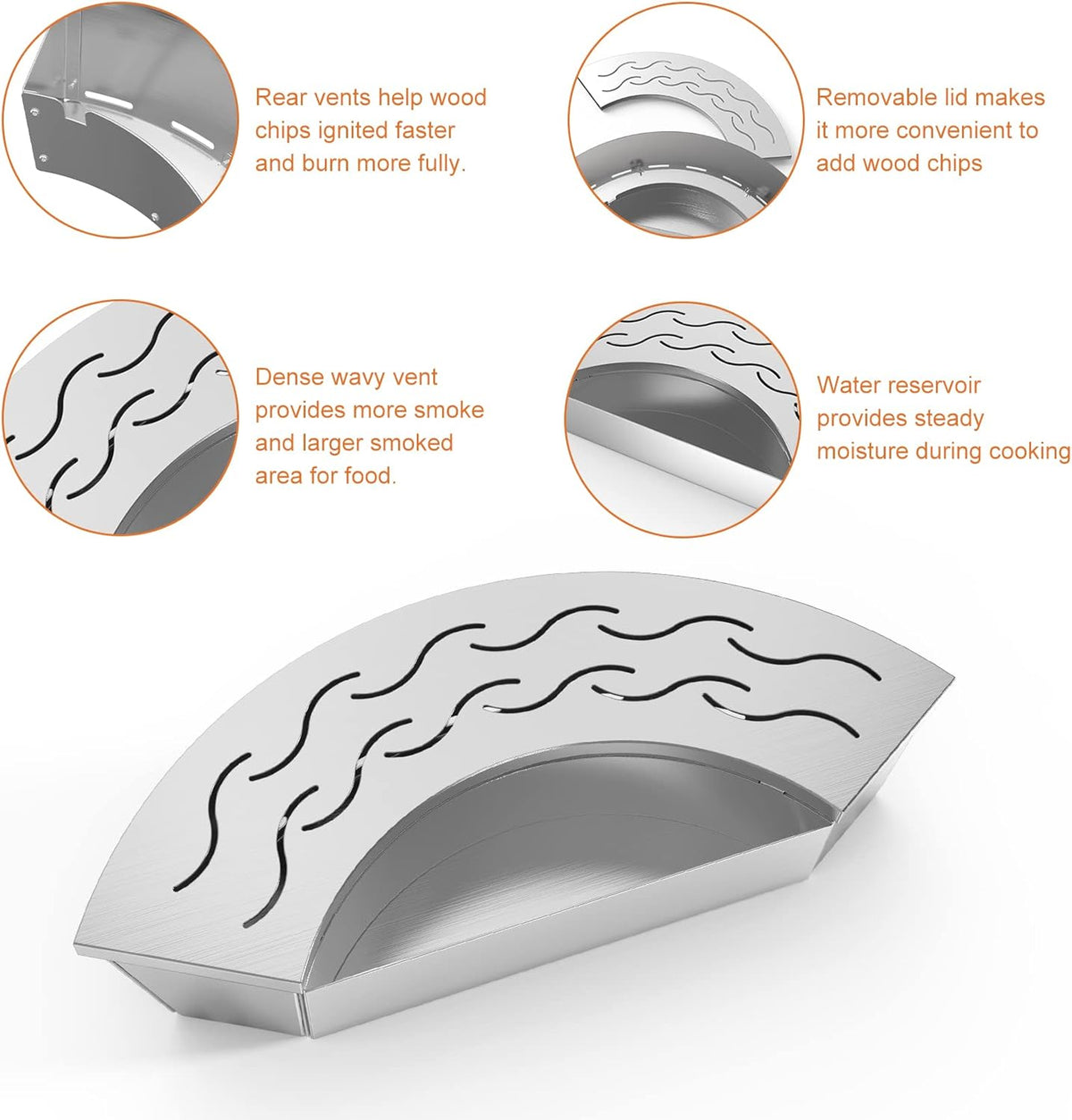Onlyfire BBQ Smoker Box, Stainless Steel Fan-Shape Wood Chip Smoker Box with Removable Lid & Water Reservoir for Charcoal Grills, Kamado Grills - Add Smokey BBQ Flavor to Your Foods, Design Patent
