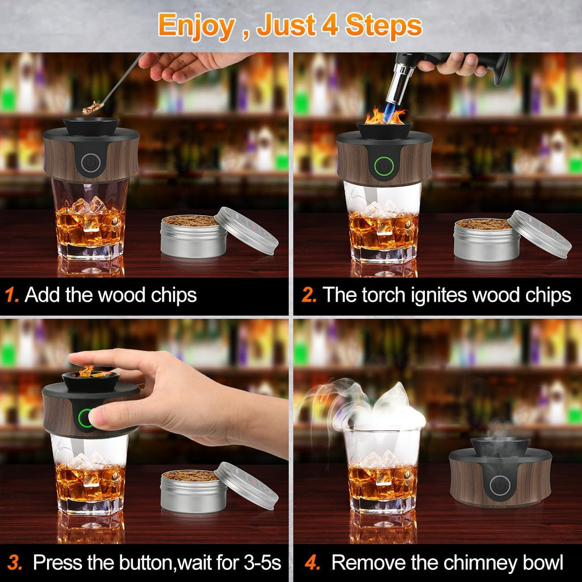 Electric Cocktail Smoker Kit with Torch – Enhance Your Drink's Aroma with 6 Flavorful Wood Chips | Old Fashioned Smoker for Whiskey & Cocktails | Gift for Drink Lovers (Butane Not Included)