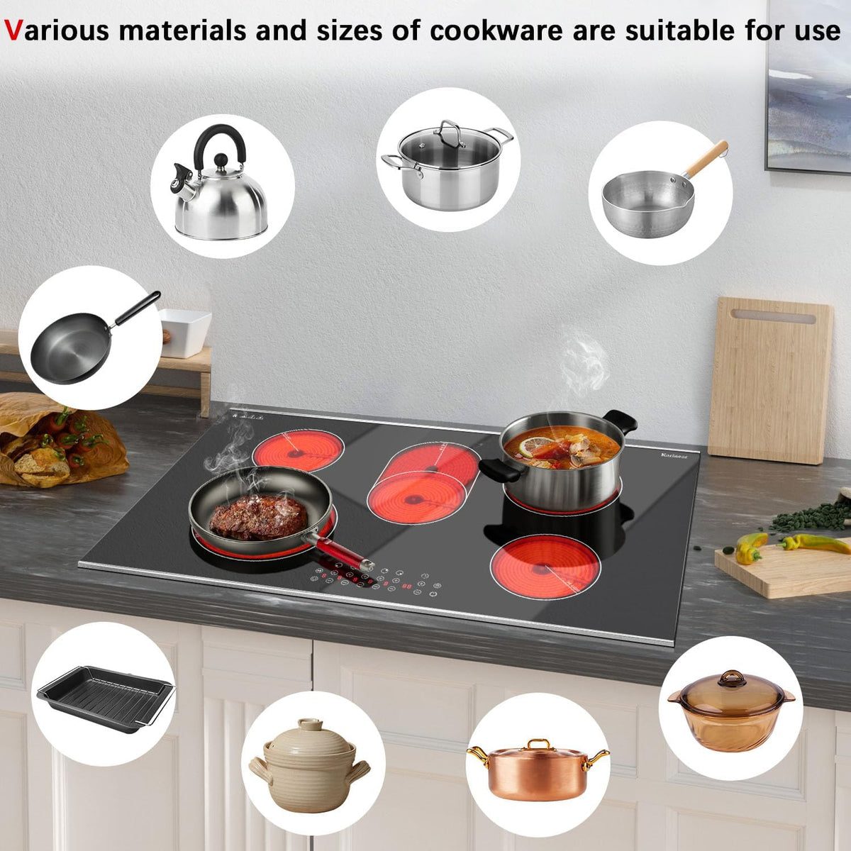Karinear Electric Cooktop 36 Inch, 5 Burners Electric Stove Top, Built-in Glass Radiant Electric Ceramic Cooktop, Expandable Zones, Lock, Timer, Pause, Metal Edged Protection, 8400W 220~240v Hardwired